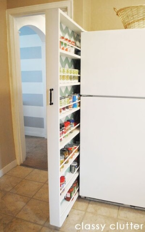 Roll-out spice rack between the wall and fridge