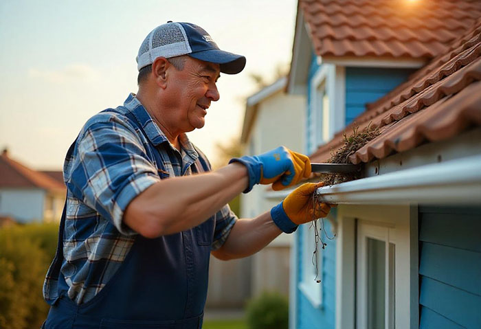 man cleaning out his gutters after a storm