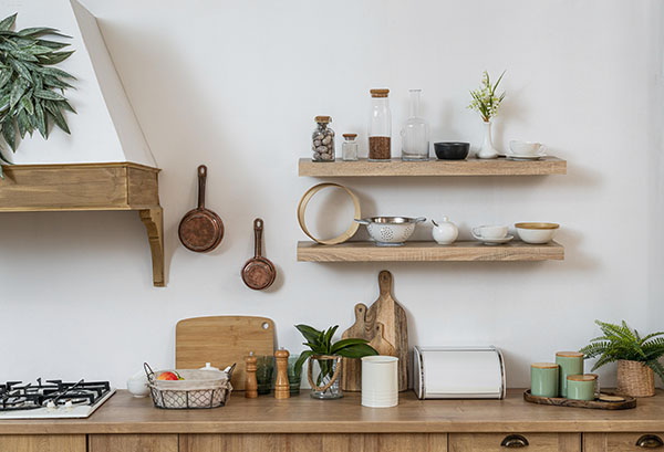 open shelving in farmhouse kitchen